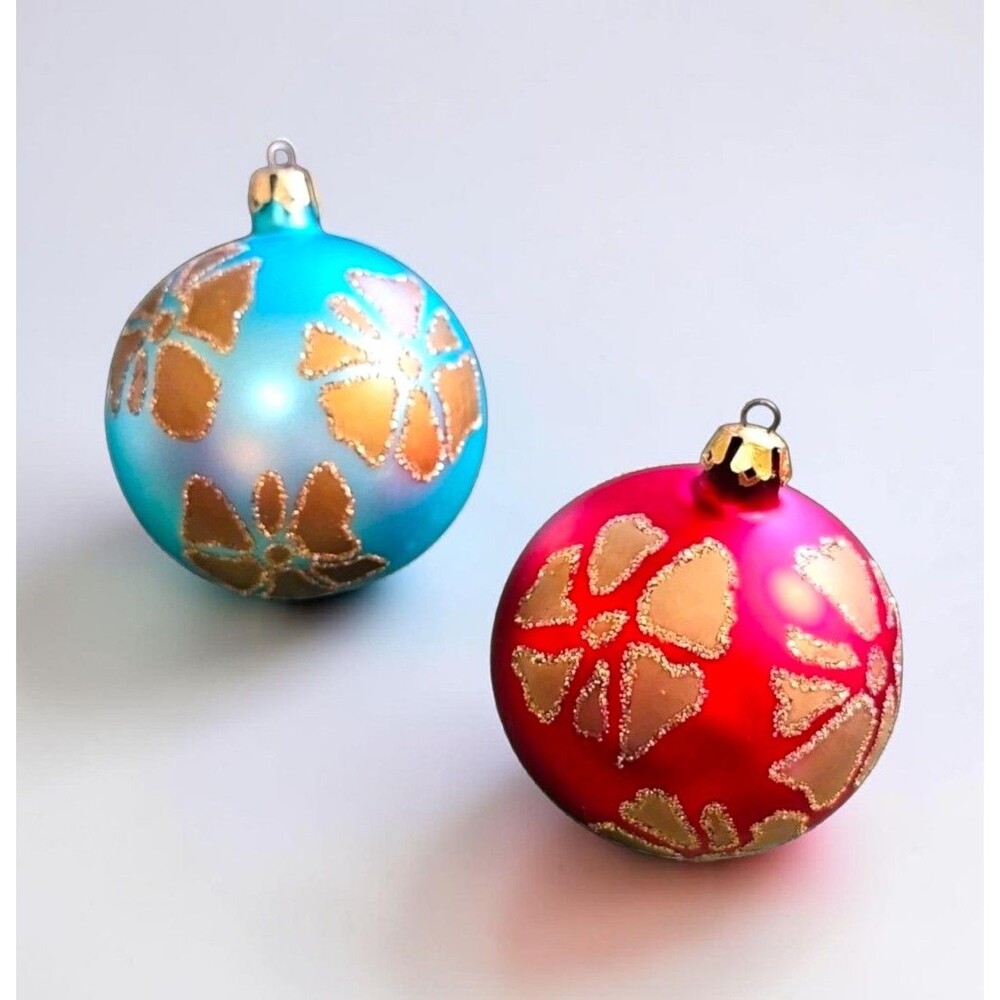 Vintage Hand-Painted Hibiscus Glass Christmas Ornaments Set 2 Tropical Glitter
